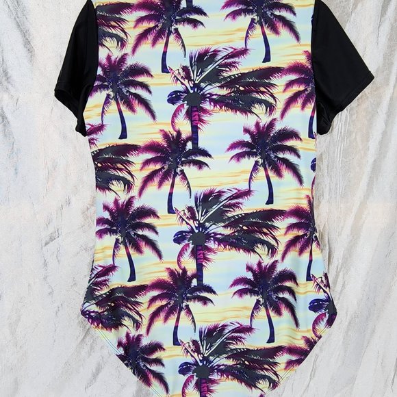 Women's sz XL Zip Front Palm Tree Print Short Sleeve Swim Suit - EXCELLENT - Picture 3 of 14
